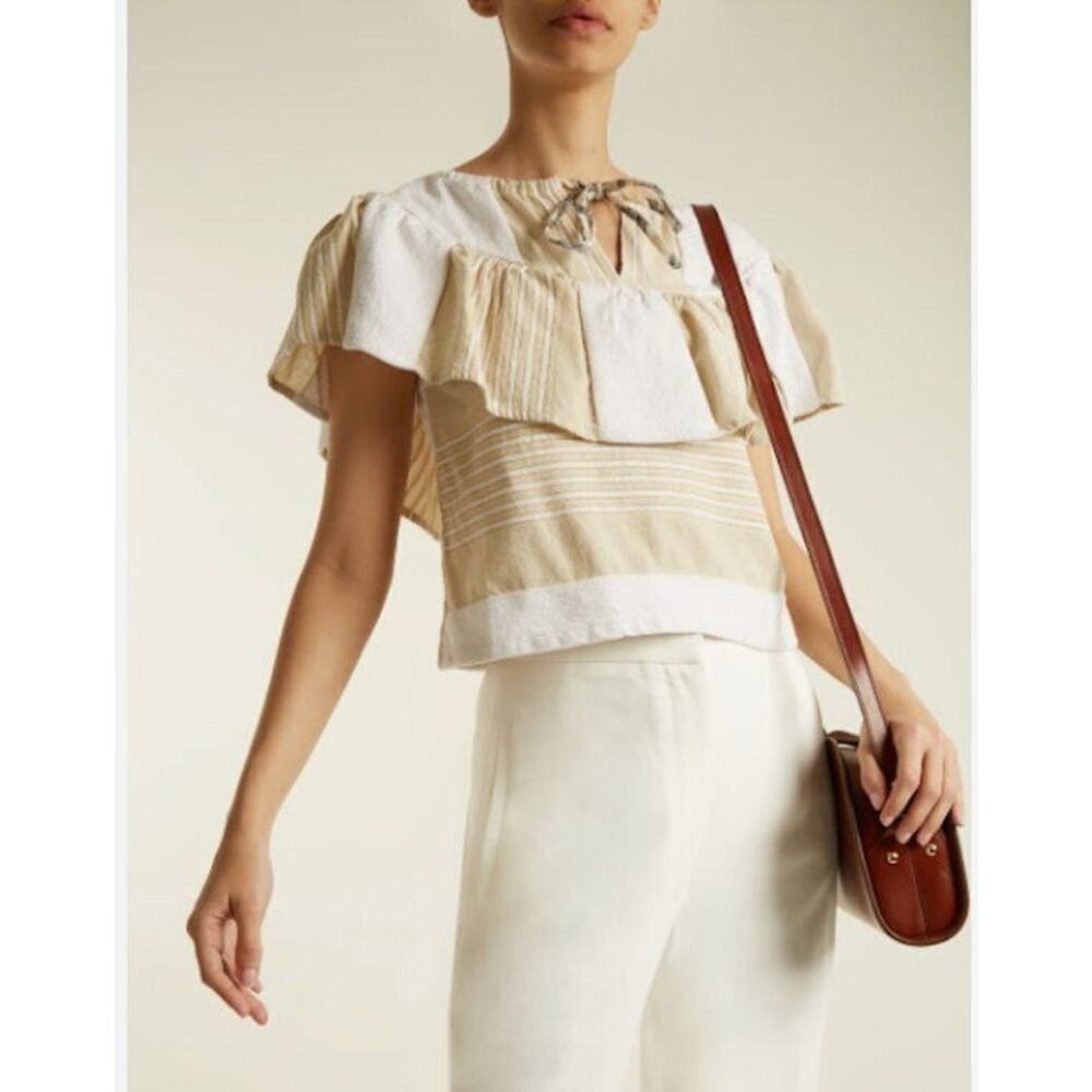 Striped Beige and White Ruffle Blouse